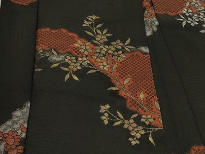 平和屋着物＃羽織　寿光織　霞枝花文　黒地　金銀糸　正絹　逸品　CABH6892in