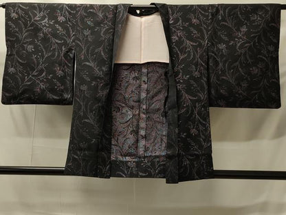 平和屋着物＃羽織　寿光織　単衣　枝花文　黒地　正絹　逸品　CABH6912in