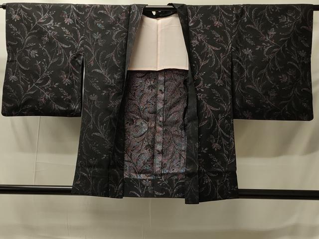 平和屋着物＃羽織　寿光織　単衣　枝花文　黒地　正絹　逸品　CABH6912in