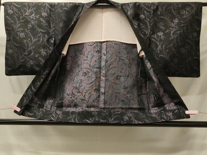 平和屋着物＃羽織　寿光織　単衣　枝花文　黒地　正絹　逸品　CABH6912in