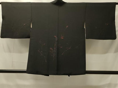 平和屋着物＃羽織　寿光織　枝葉文　黒地　銀糸　正絹　逸品　CABH6915in