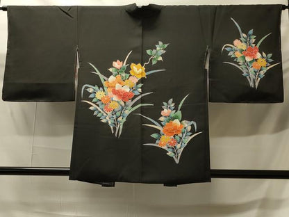 平和屋着物＃羽織　友禅　草花文　黒地　正絹　逸品　未使用　CABH6923in