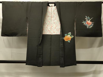 平和屋着物＃羽織　友禅　草花文　黒地　正絹　逸品　未使用　CABH6923in