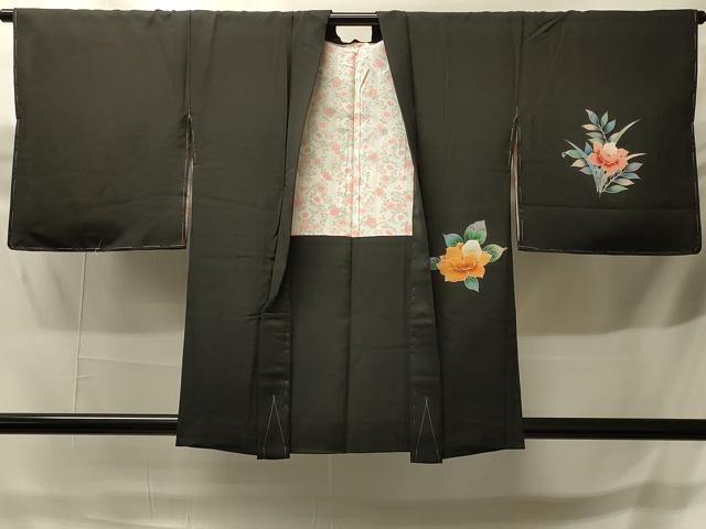 平和屋着物＃羽織　友禅　草花文　黒地　正絹　逸品　未使用　CABH6923in