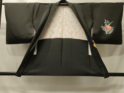 平和屋着物＃羽織　友禅　草花文　黒地　正絹　逸品　未使用　CABH6923in