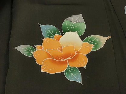 平和屋着物＃羽織　友禅　草花文　黒地　正絹　逸品　未使用　CABH6923in