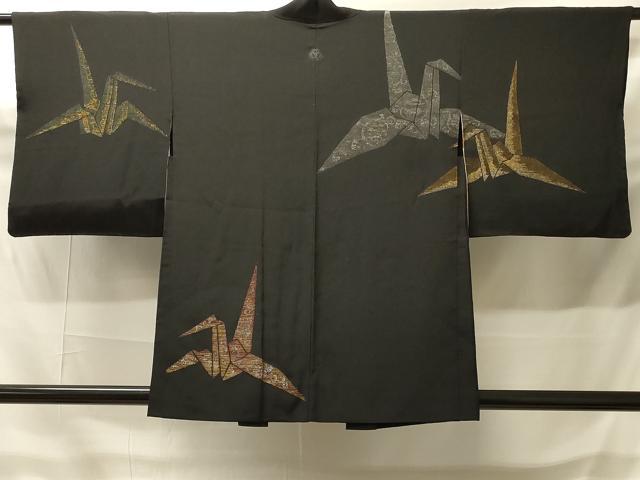 平和屋着物＃羽織　寿光織　折り鶴　黒地　金銀糸　正絹　逸品　CABH6926in