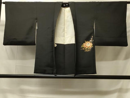 平和屋着物＃羽織　渡り橋草花文　黒地　金彩　正絹　逸品　CABH6928in