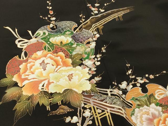 平和屋着物＃羽織　渡り橋草花文　黒地　金彩　正絹　逸品　CABH6928in