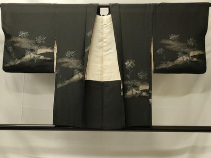平和屋着物＃羽織　寿光織　枝花文　黒地　金銀糸　正絹　逸品　CABH6931in