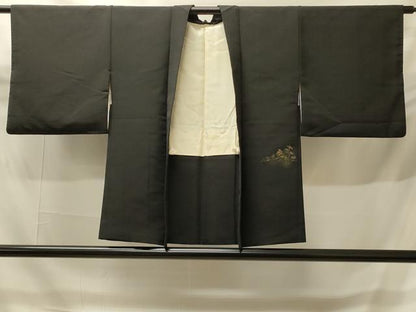 平和屋着物＃羽織　寿光織　風景草花文　黒地　金糸　正絹　逸品　CABH6938in
