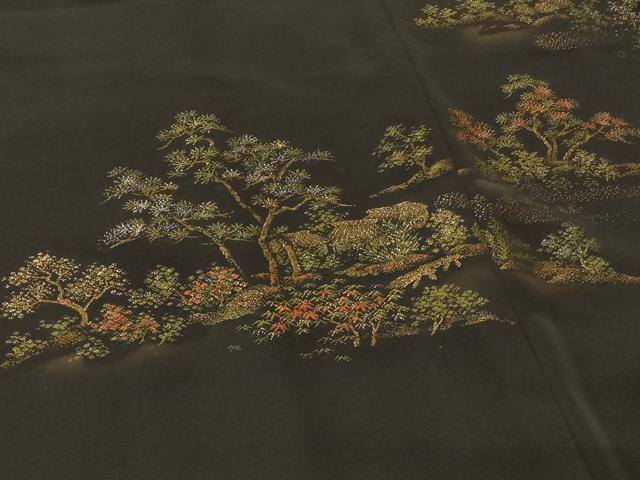 平和屋着物＃羽織　寿光織　風景草花文　黒地　金糸　正絹　逸品　CABH6938in