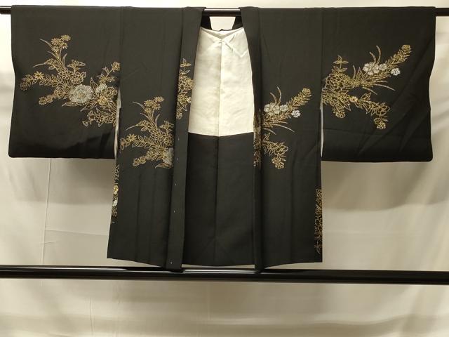 平和屋着物＃羽織　寿光織　草花文　黒地　金銀糸　正絹　逸品　CABH6939in