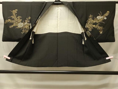 平和屋着物＃羽織　寿光織　草花文　黒地　金銀糸　正絹　逸品　CABH6939in