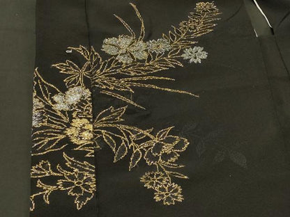 平和屋着物＃羽織　寿光織　草花文　黒地　金銀糸　正絹　逸品　CABH6939in