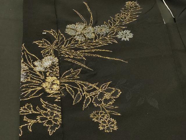 平和屋着物＃羽織　寿光織　草花文　黒地　金銀糸　正絹　逸品　CABH6939in