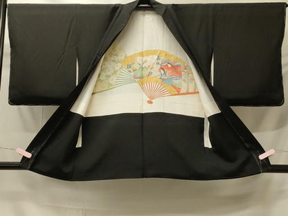 平和屋着物＃羽織　駒刺繍　総刺繍　檜扇人物花文　黒地　銀糸　正絹　逸品　未使用　CABH6942in