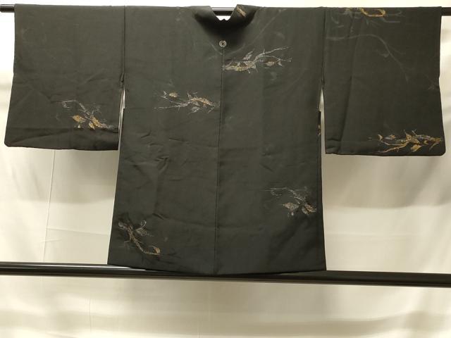 平和屋着物＃羽織　寿光織　枝葉文　黒地　金銀糸　正絹　逸品　CABH6944in