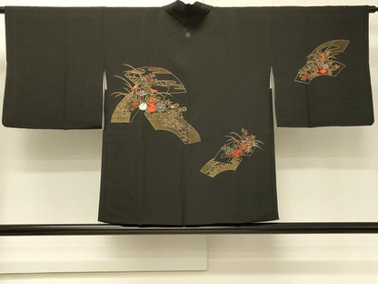 平和屋着物＃羽織　刺繍　地紙吉祥草花文　黒地　金彩　正絹　逸品　CABH6952in