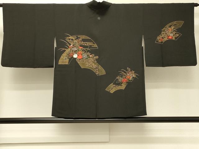 平和屋着物＃羽織　刺繍　地紙吉祥草花文　黒地　金彩　正絹　逸品　CABH6952in