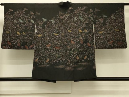 平和屋着物＃羽織　寿光織　枝花文　黒地　金糸　正絹　逸品　CABH6955in