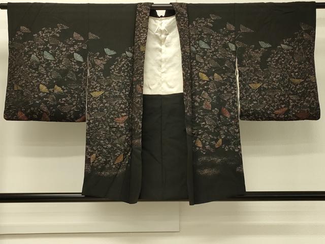 平和屋着物＃羽織　寿光織　枝花文　黒地　金糸　正絹　逸品　CABH6955in