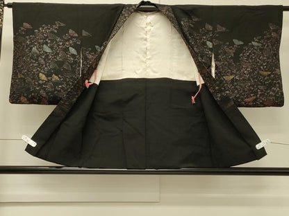 平和屋着物＃羽織　寿光織　枝花文　黒地　金糸　正絹　逸品　CABH6955in