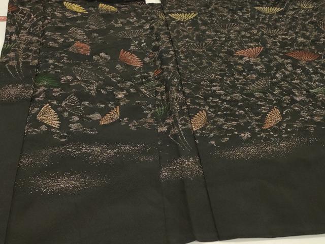 平和屋着物＃羽織　寿光織　枝花文　黒地　金糸　正絹　逸品　CABH6955in