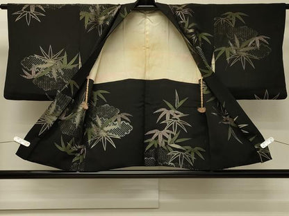 平和屋着物＃羽織　寿光織　雲取り吉祥笹文　黒地　銀糸　正絹　逸品　CABH6956in