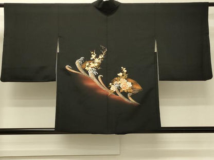 平和屋着物＃羽織　立波地紙花文　暈し染め　黒地　金銀彩　正絹　逸品　CABH6958in
