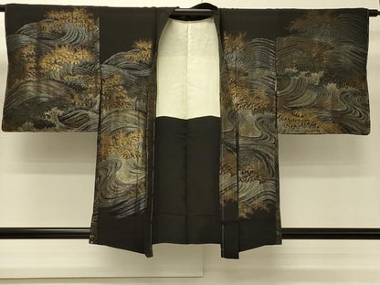 平和屋着物＃羽織　寿光織　立波文　黒地　金銀糸　正絹　逸品　未使用　CABH6964in