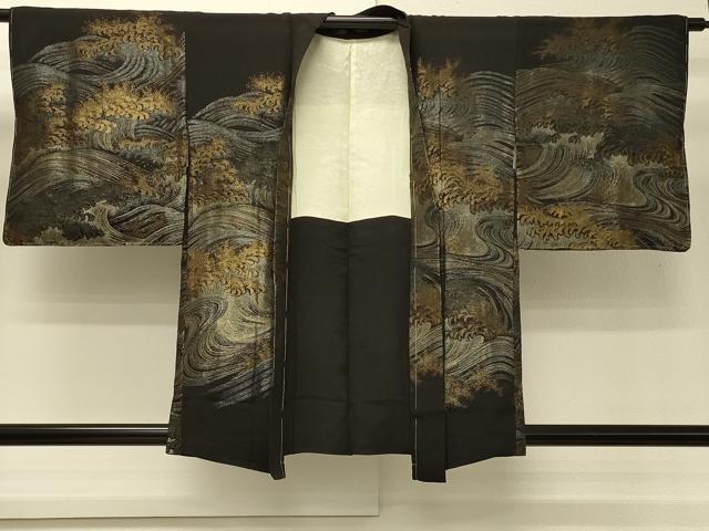 平和屋着物＃羽織　寿光織　立波文　黒地　金銀糸　正絹　逸品　未使用　CABH6964in