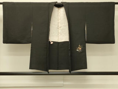 平和屋着物＃羽織　寿光織　雲取り片輪車花文　黒地　金銀糸　正絹　逸品　CABH6981in