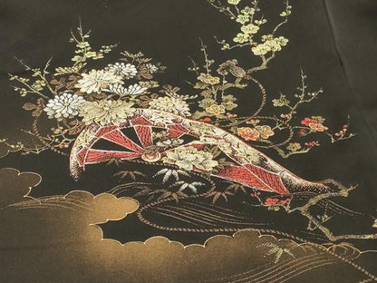 平和屋着物＃羽織　寿光織　雲取り片輪車花文　黒地　金銀糸　正絹　逸品　CABH6981in