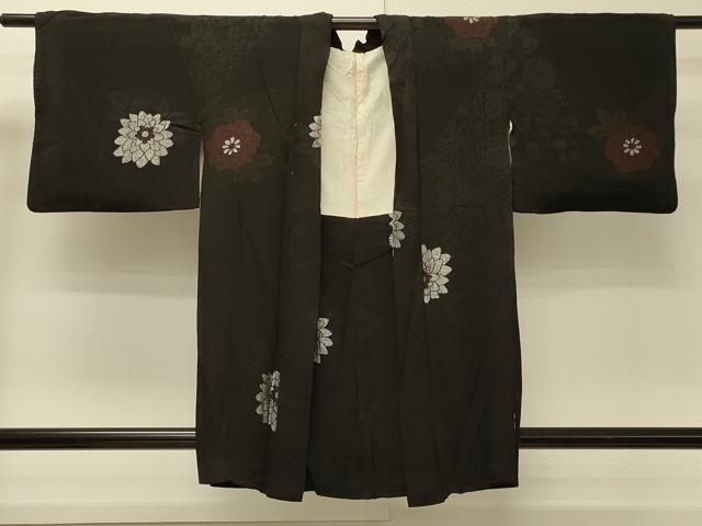 平和屋着物＃羽織　寿光織　草花文　黒地　銀糸　正絹　逸品　CABH6983in