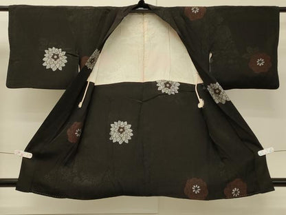 平和屋着物＃羽織　寿光織　草花文　黒地　銀糸　正絹　逸品　CABH6983in