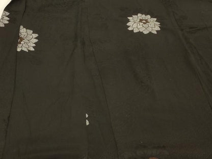平和屋着物＃羽織　寿光織　草花文　黒地　銀糸　正絹　逸品　CABH6983in