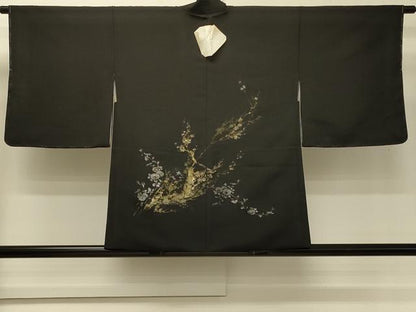 平和屋着物＃羽織　寿光織　枝花文　黒地　金銀糸　正絹　逸品　未使用　CABH6984in