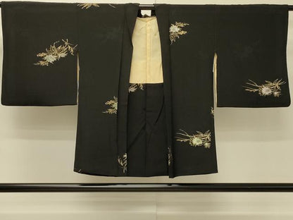平和屋着物＃羽織　寿光織　草花文　黒地　金銀糸　正絹　逸品　CABH6988in