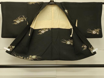 平和屋着物＃羽織　寿光織　草花文　黒地　金銀糸　正絹　逸品　CABH6988in