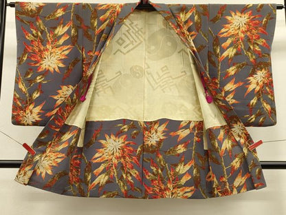平和屋着物∞長羽織　枝花文　鬼しぼ縮緬　正絹　逸品　CABH6992in