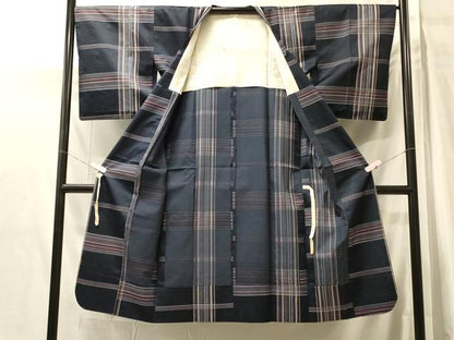 平和屋着物＃道行コート　雨コート　格子　ロング丈　正絹　逸品　CABH7015in