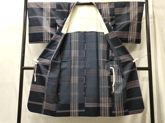 平和屋着物＃道行コート　雨コート　格子　ロング丈　正絹　逸品　CABH7015in