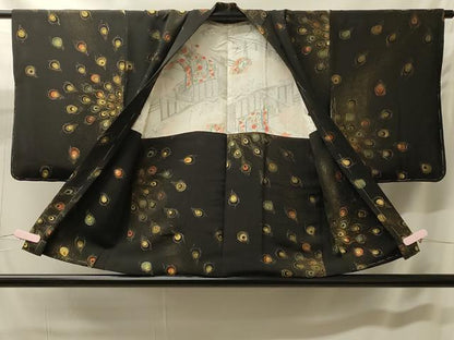 平和屋着物＃羽織　寿光織　孔雀羽文　黒地　金糸　正絹　逸品　CABH7034in