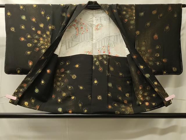 平和屋着物＃羽織　寿光織　孔雀羽文　黒地　金糸　正絹　逸品　CABH7034in