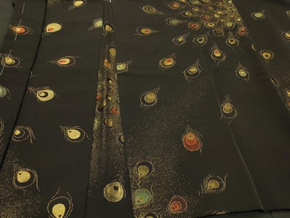 平和屋着物＃羽織　寿光織　孔雀羽文　黒地　金糸　正絹　逸品　CABH7034in