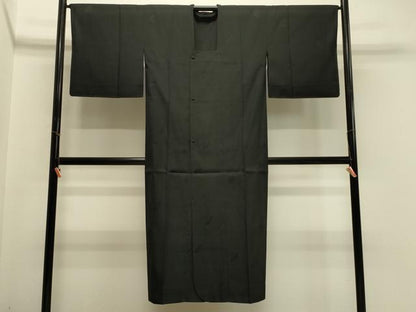 平和屋着物＃道行コート　雨コート　単衣　檜扇地紋　黒地　ロング丈　正絹　逸品　CABH7041in