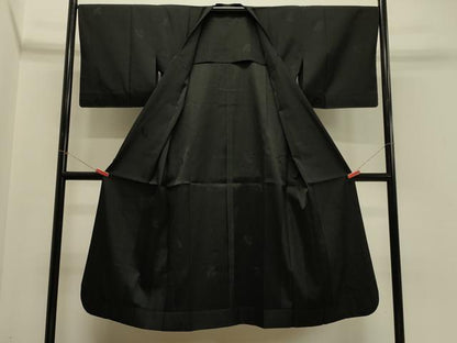 平和屋着物＃道行コート　雨コート　単衣　檜扇地紋　黒地　ロング丈　正絹　逸品　CABH7041in