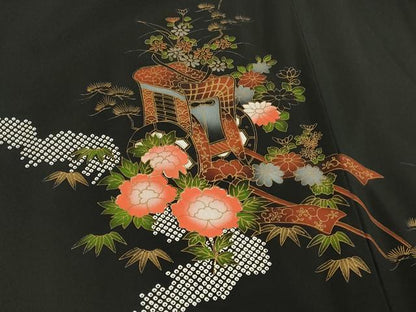 平和屋着物＃羽織　道長御所車花文　黒地　金彩　正絹　逸品　未使用　CABH7051in