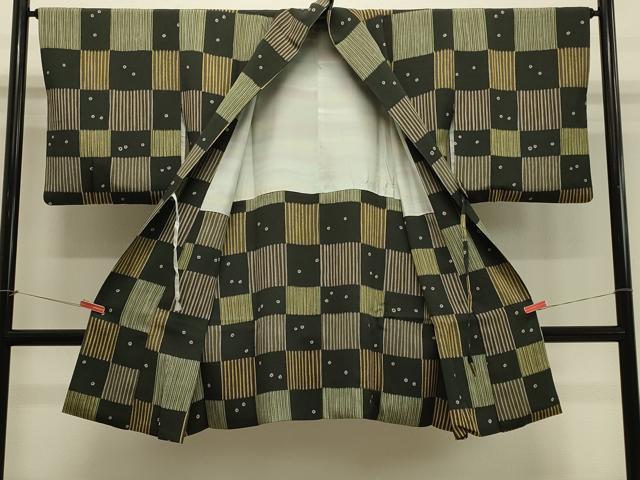 平和屋着物＃道中着　変わり市松文　鬼しぼ縮緬　ロング丈　正絹　逸品　CABH7059in